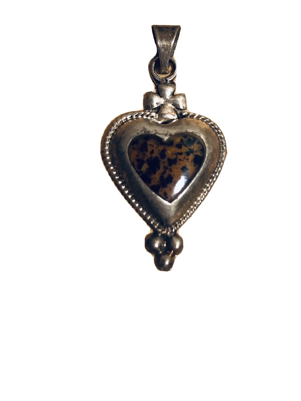 Heart Pendant Necklace with Brown Speckled Stone in Silver-Tone Setting